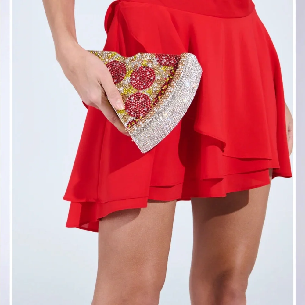 Embellished Pizza Slice Rhinestone Clutch in Red, Gold & Clear - Picture 2 of 16